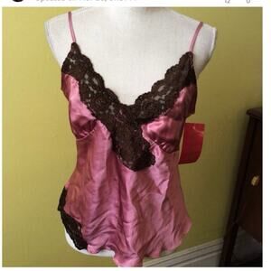 Sunny Leigh Pretty Pink Silk Cami w/brown‎ lace size z